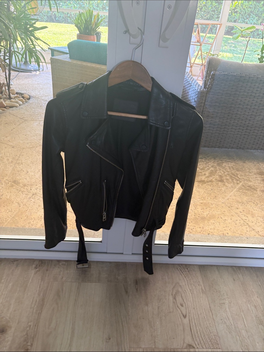 All Saints Black Leather Biker Jacket with Belted Hem